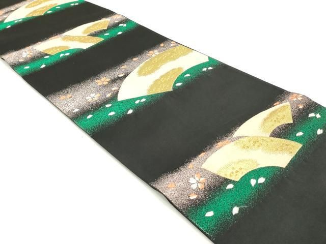 平和屋着物 六通柄袋帯 唐織 地紙重ね舞桜文 黒地 金糸 正絹 ob