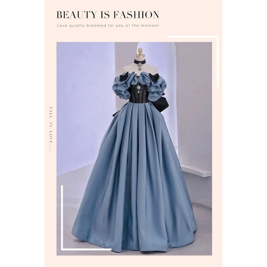 ドレス 半袖 レディース オフショルダー ブルー ワインレッド 2色展開