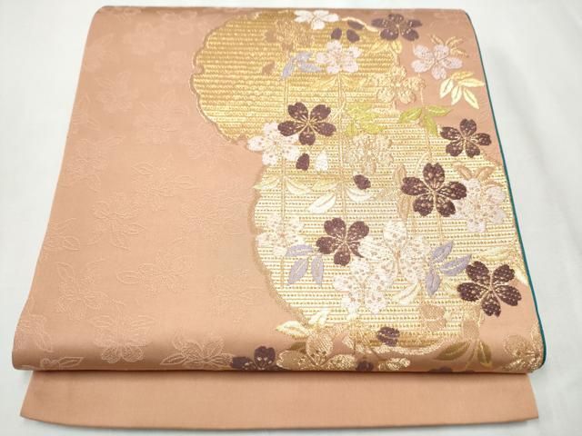 平和屋着物 染色作家 草野一騎 西陣 謹製 六通柄袋帯 唐織 雪輪枝垂れ桜文 金糸 証紙付き 正絹 hy