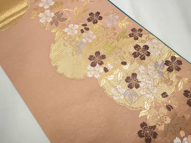 平和屋着物 染色作家 草野一騎 西陣 謹製 六通柄袋帯 唐織 雪輪枝垂れ桜文 金糸 証紙付き 正絹 hy