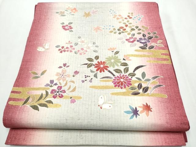 平和屋着物 両面 太鼓柄袋帯 作家物 紬地 花蝶文 銀通し地 正絹 hy