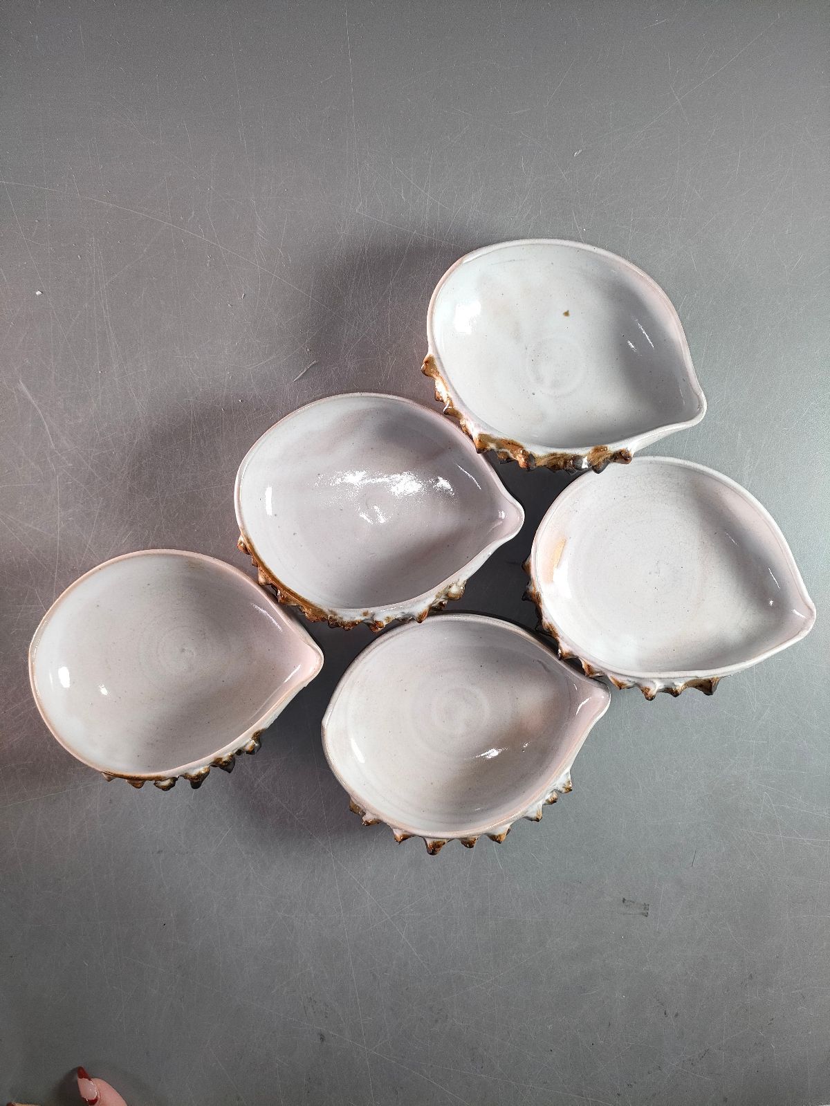 S17-4 萩焼 北浜山 渋谷泥詩 造 鮑形向付5客 共箱 飾鉢 懐石道具