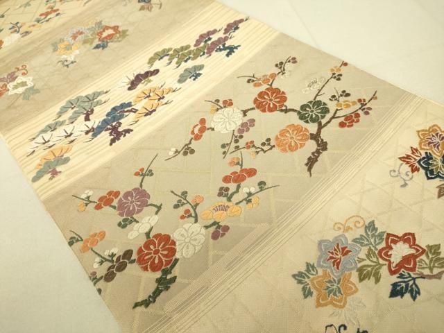 平和屋着物○西陣 京の名門 じゅらく謹製 六通柄袋帯 唐織 霞段梅松