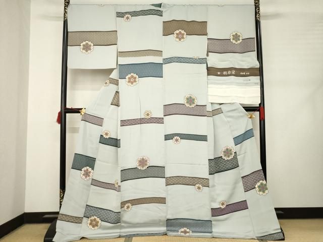 平和屋着物 京都の和装業の老舗一門 千切屋 羽衣染 小紋 横段花文 ロング丈 反端付き 正絹 ck