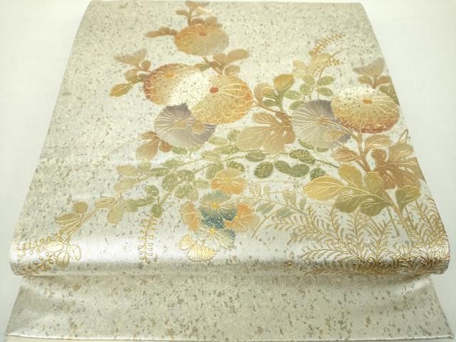 金彩友禅 京の名工 和田光正 袋帯 落款入 銀彩 正絹 お太鼓柄 平和屋着物○金彩友禅 卓越技能者・名工・和田光正 太鼓柄袋帯 草花文