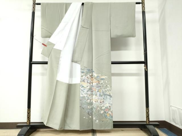 平和屋着物 京友禅作家 外池雅峰 訪問着 駒刺繍 渡り橋松竹梅風景文 暈し染め 金銀彩 正絹 yc