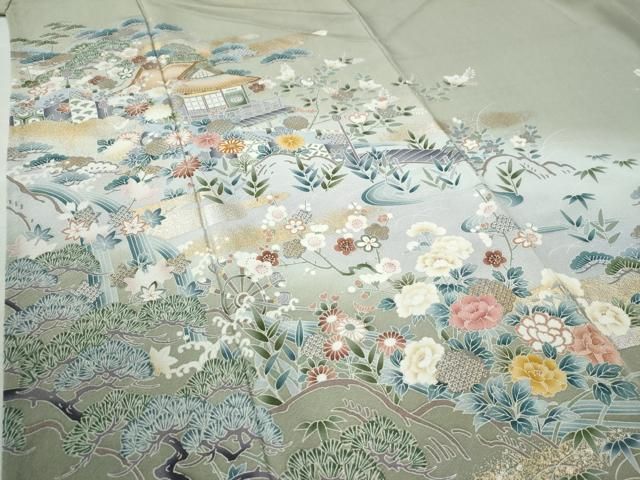  平和屋着物 京友禅作家 外池雅峰 訪問着 駒刺繍 渡り橋松竹梅風景文 暈し染め 金銀彩 正絹 yc 訪問着 付け下げ 着物