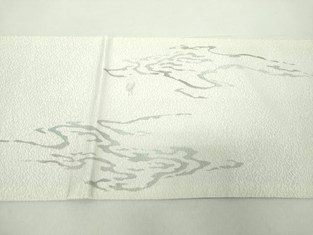 平和屋着物○東京友禅 菅有鬼一 太鼓柄袋帯 手描き 白鷺 銀通し地 正絹