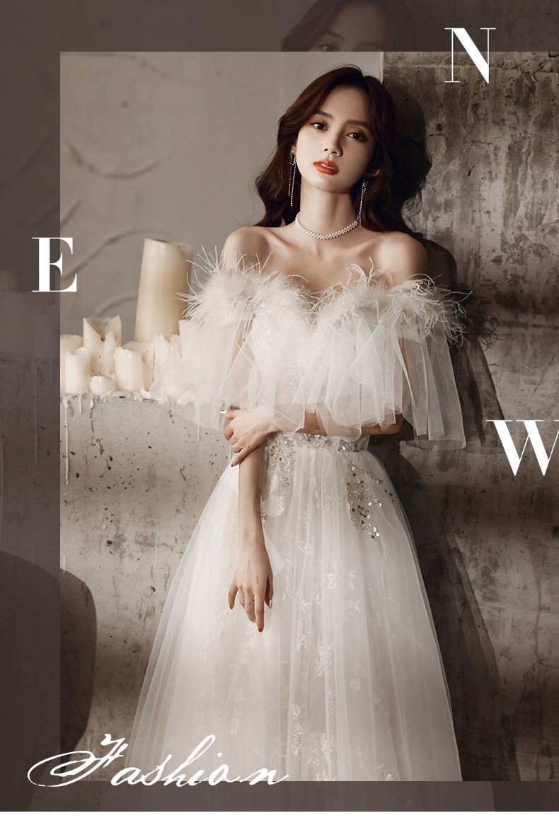 2025 ホワイト フェザー 一字肩 ロングドレス 感 ウエディングドレス 花嫁 前撮り フォーマルドレス パーティードレス 誕生日 成人式 二次会 演奏会 撮影会 結婚式 お呼ばれ 小柄さん向け レース チュール スパンコール 上品