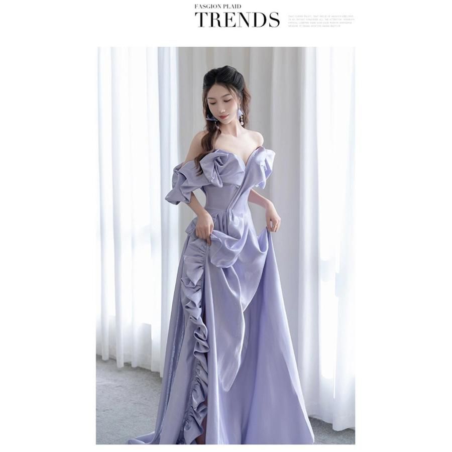 パーティードレス ロングドレス レディース オフショルダー パープル 演奏会 演奏会用ドレス ピアノ発表会 結婚式 高校生 大きいサイズ 母親 コンクール