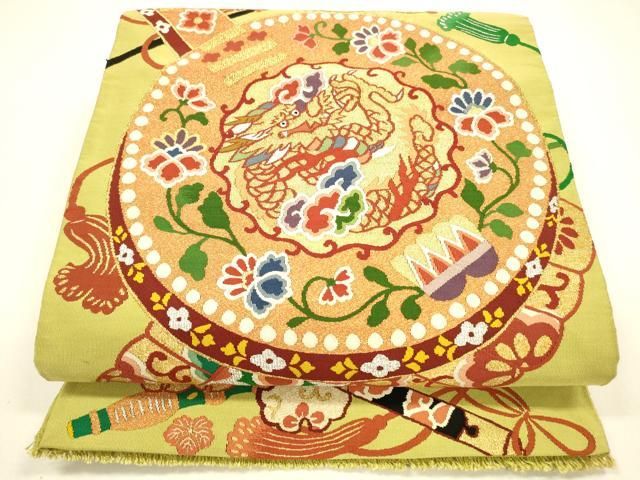 a666 正絹 明綴れ 刺繍 鶴 お太鼓柄袋帯 金糸 着物 a666 正絹 明綴れ 刺繍