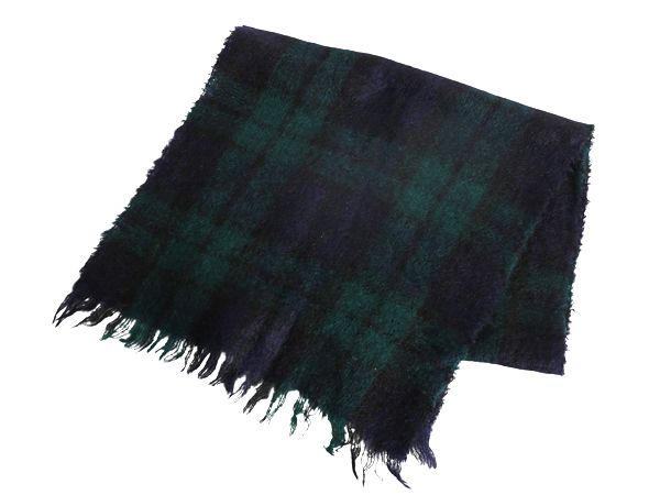 スコットランド製 HIGHLAND モヘア ウール ストール 古着 ブラックウォッチ チェック フリンジ付き 大判 長め 大きいサイズ マフラー 毛足