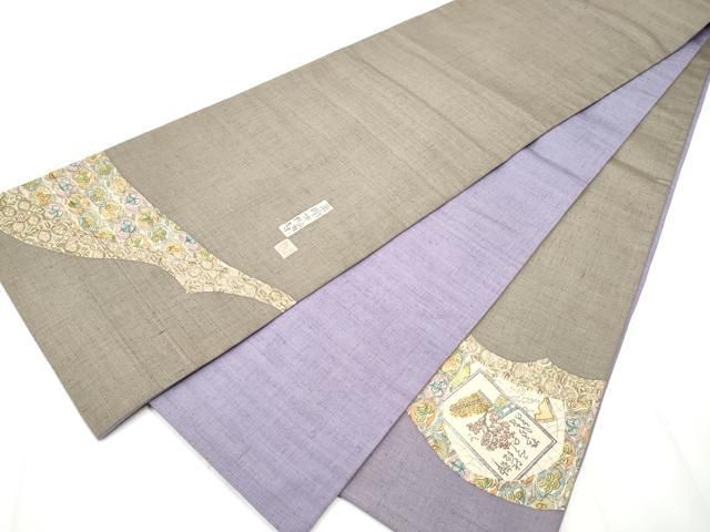 平和屋着物○手彫木版染 佐伯武晴 太鼓柄袋帯 紬地 草木染め 色紙舞葉