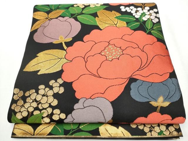 平和屋着物●全通柄　本袋帯　草花文　黒地　金糸　正絹　逸品　CABA0834hy 平和屋着物○全通柄 本袋帯 草花文 黒地 金糸 正絹 逸品 CABA0834hy