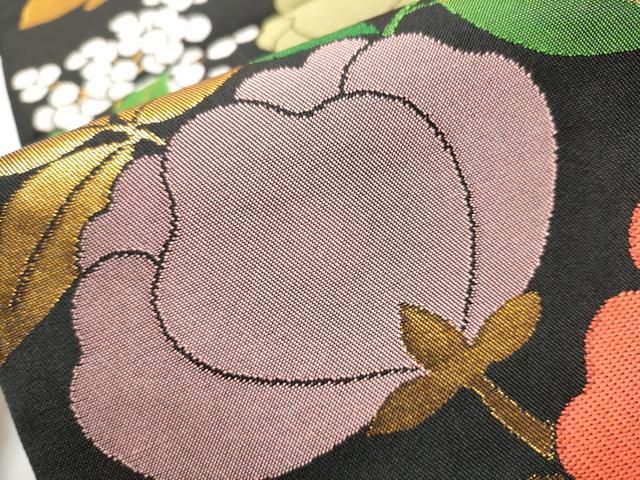 平和屋着物●全通柄　本袋帯　草花文　黒地　金糸　正絹　逸品　CABA0834hy 平和屋着物○全通柄 本袋帯 草花文 黒地 金糸 正絹 逸品 CABA0834hy