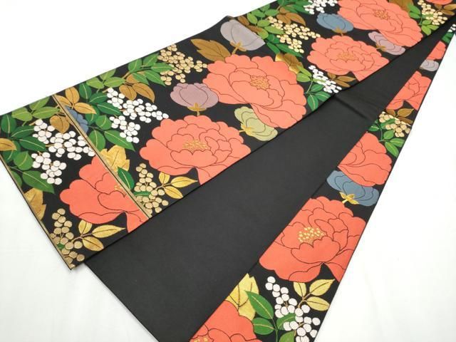 平和屋着物○全通柄 本袋帯 草花文 黒地 金糸 正絹 逸品 CABA0834hy