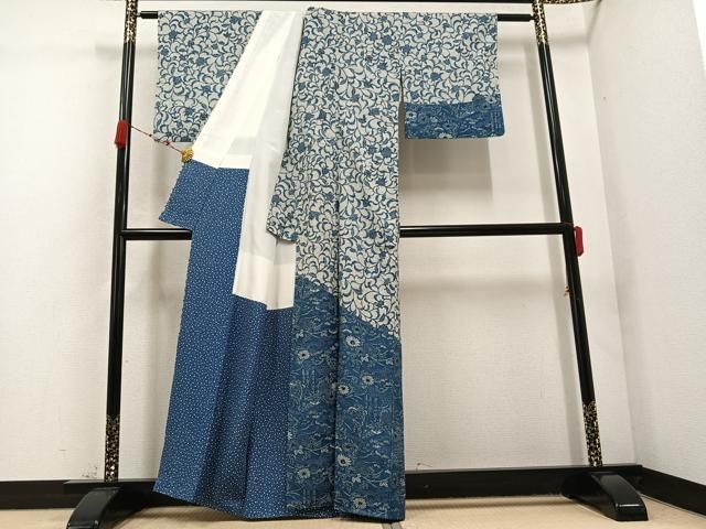平和屋着物 訪問着 ぜんまい紬 本藍 型染 花鳥文 正絹 ph