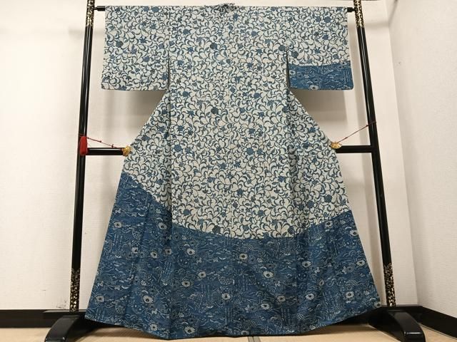 平和屋着物 訪問着 ぜんまい紬 本藍 型染 花鳥文 正絹 ph