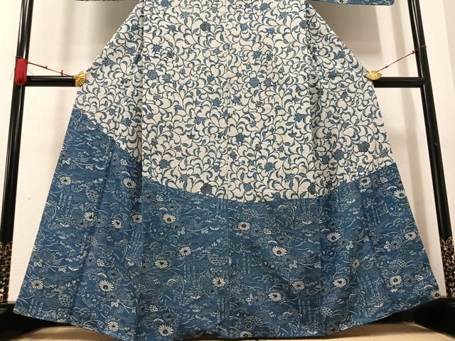  平和屋着物 訪問着 ぜんまい紬 本藍 型染 花鳥文 正絹 ph 訪問着 付け下げ 着物