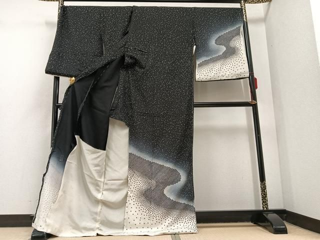 平和屋着物 訪問着 作家物 流水文 暈し染め 黒地 金彩 上代38万 仮絵羽 正絹 ph