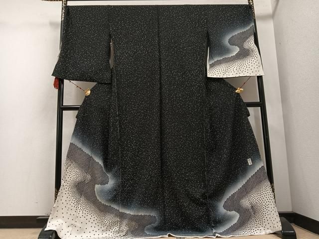 平和屋着物 訪問着 作家物 流水文 暈し染め 黒地 金彩 上代38万 仮絵羽 正絹 ph