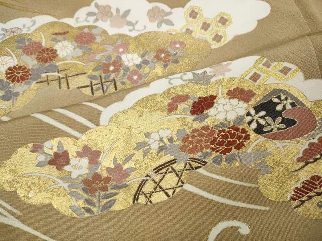  平和屋着物 訪問着 作家物 雲取り貝合わせ花文 金彩 正絹 ut 訪問着 付け下げ 着物
