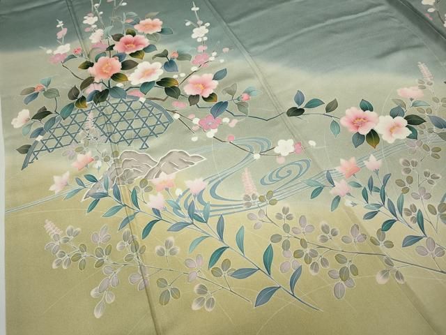 流水籬枝花文 暈し染め