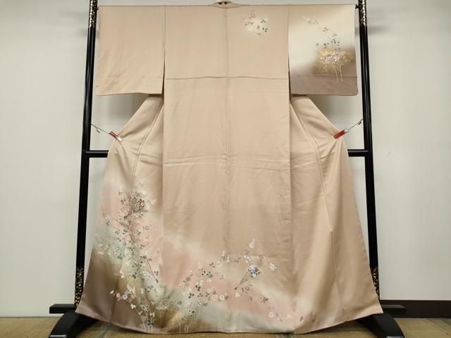 平和屋着物 訪問着 駒刺繍 扇草花文 暈し染め 金銀彩 正絹 ut