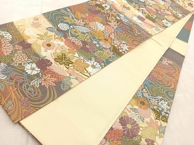 平和屋着物○六通柄袋帯 唐織 流水菊松葉文 金糸 正絹 逸品 BAAV4803yc