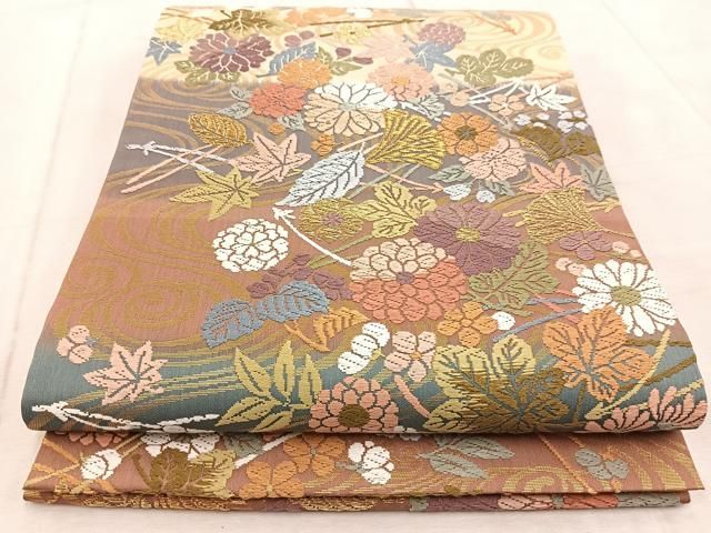 平和屋着物●六通柄袋帯　唐織　流水菊松葉文　金糸　正絹　逸品　BAAV4803yc 平和屋着物○六通柄袋帯 唐織 流水菊松葉文 金糸 正絹 逸品 BAAV4803yc