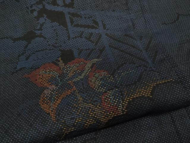 平和屋着物○本場大島紬 9マルキ 泥染め 屏風草花文 作田修二作 証紙