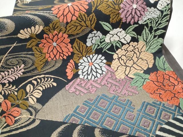 平和屋着物●六通柄袋帯　唐織　扇面流水草花文　金糸　正絹　逸品　CAAY9899hy 平和屋着物○六通柄袋帯 唐織 扇面流水草花文 金糸 正絹 逸品