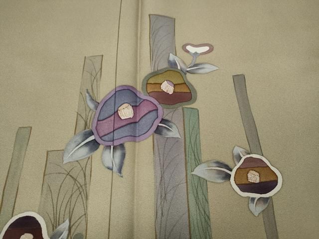 平和屋着物●ぬれ描友禅作家　平沼治大　訪問着　短冊重ね椿文　暈し染め　金彩　正絹　逸品　CAAZ2539ut 平和屋着物○ぬれ描友禅作家 平沼治大 訪問着 短冊重ね椿