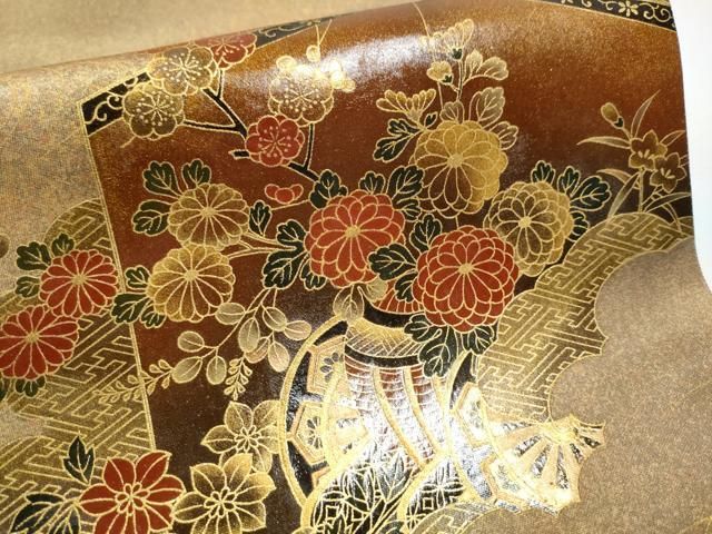 袋帯 漆芸作家　金森一博作　高級漆 袋帯 平和屋着物○漆工芸作家 金森一博 太鼓柄袋帯 屏風草花文 金彩 引箔