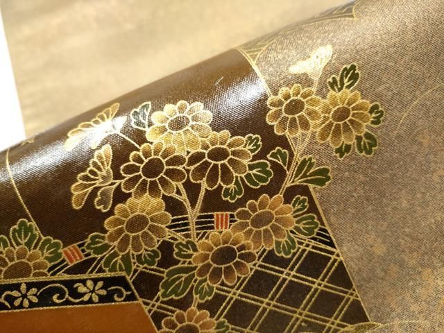 袋帯 漆芸作家　金森一博作　高級漆 袋帯 平和屋着物○漆工芸作家 金森一博 太鼓柄袋帯 屏風草花文 金彩 引箔