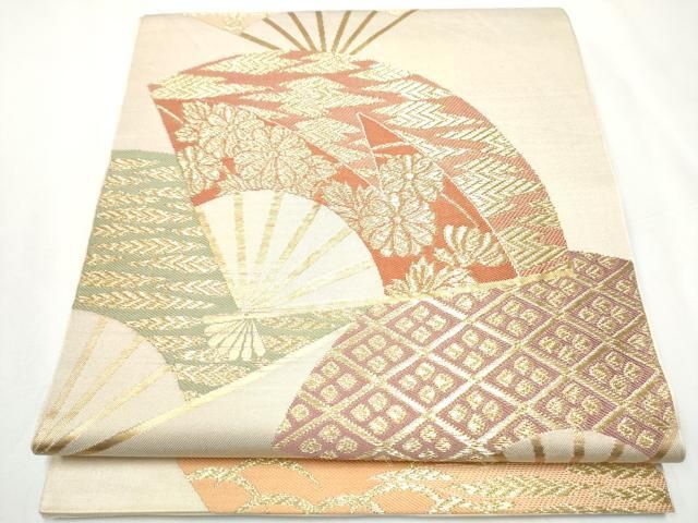 平和屋着物●西陣　河合美術織物謹製　六通柄袋帯　唐織　扇面草花文　金糸　正絹　逸品　DAAX5628cm 平和屋着物○西陣 川島織物 六通柄 本袋帯 扇面草花吉祥文 金糸 正絹