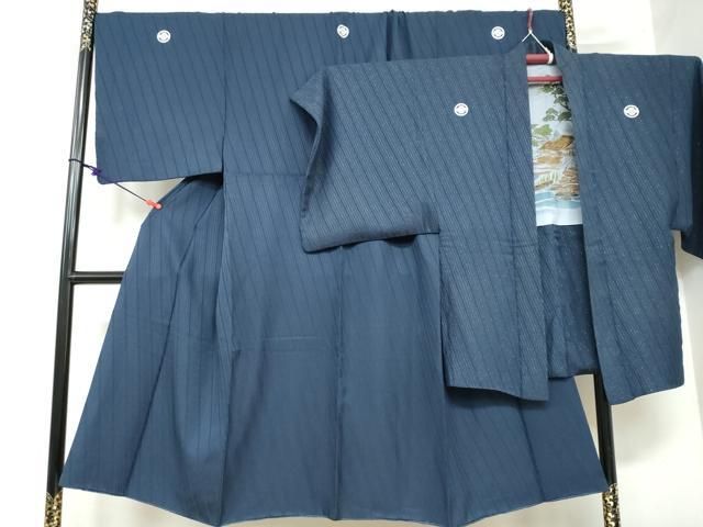 平和屋着物 男性 色紋付 長羽織 留紺色 斜縞地紋 羽裏 風景文 銀通し地 キングサイズ 正絹 DAAY5495ud