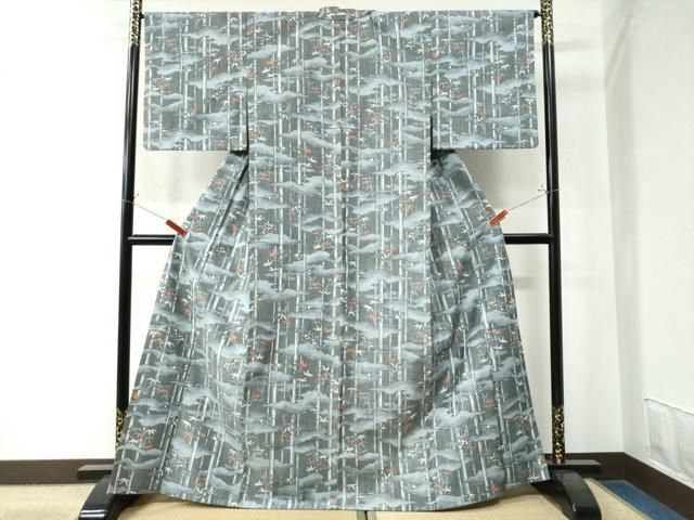 平和屋着物 上質な紬 霞笹竹文 扱い 正絹 yc