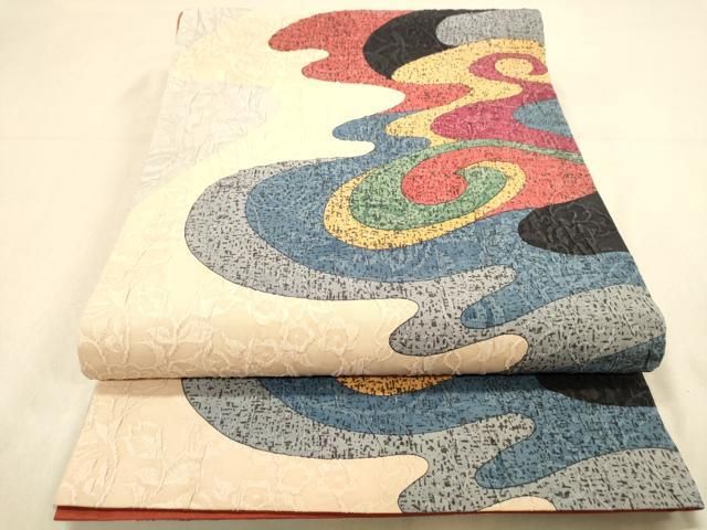 平和屋着物◎博多織 鵬翔 両方向 全通柄袋帯 流水更紗花文 正絹 逸品