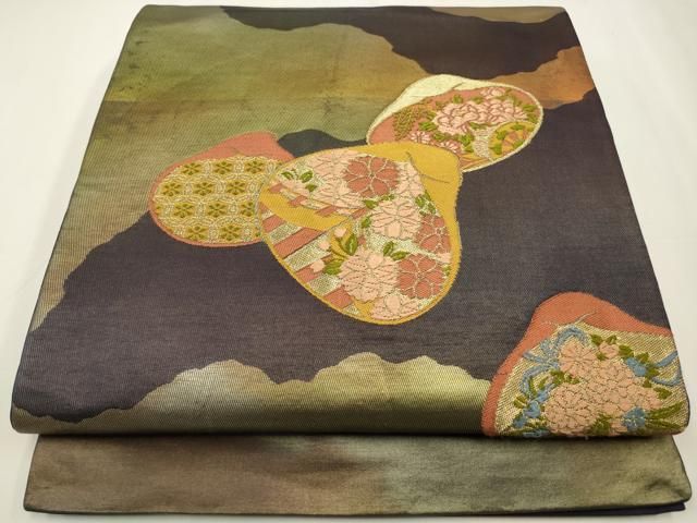 平和屋着物◎六通柄袋帯 唐織 貝合わせ花文 金糸 正絹 逸品 CAAW9496qe