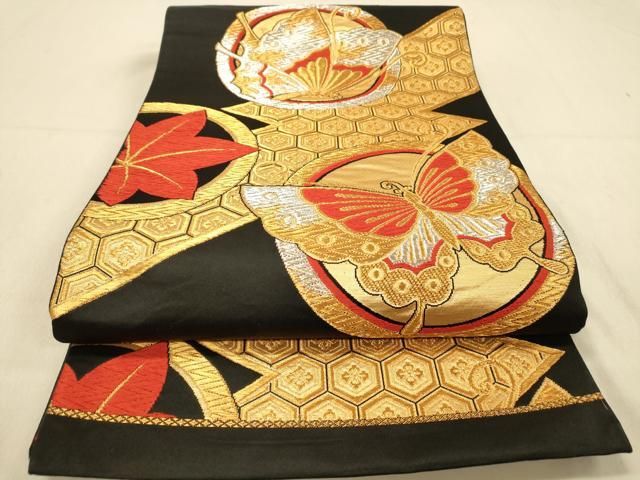 平和屋着物◎六通柄袋帯 唐織 花蝶丸文 黒地 金銀糸 正絹 逸品