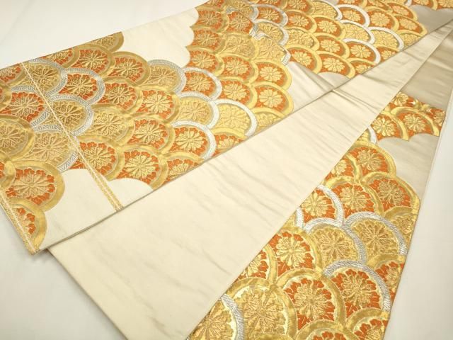 平和屋着物◎西陣 服部織物謹製 六通柄袋帯 唐織 白鳥緞子 花青海波 金