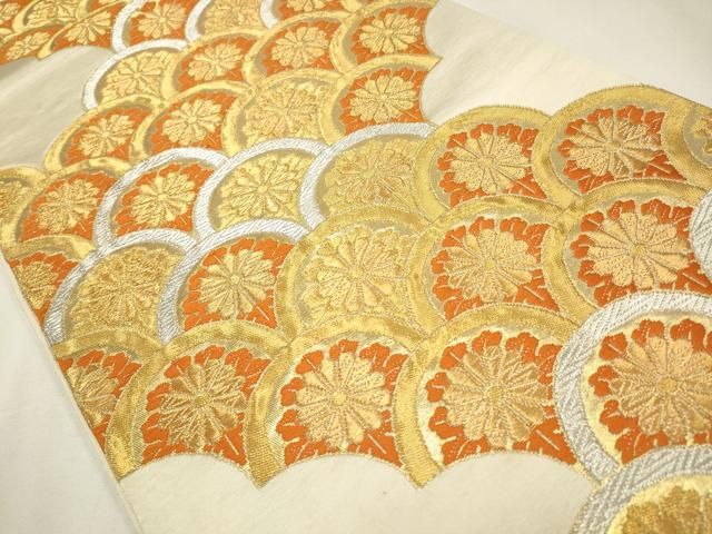 平和屋着物◎西陣 服部織物謹製 六通柄袋帯 唐織 白鳥緞子 花青海波 金