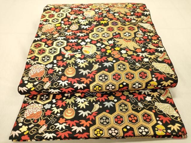 平和屋着物◎六通柄袋帯 宝尽くし 黒地 金銀糸 正絹 逸品 DAAY4463jm