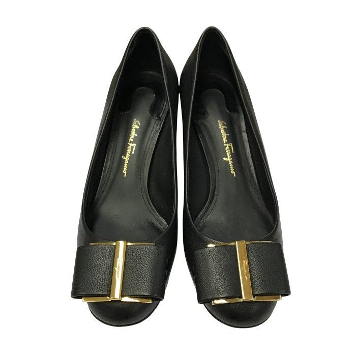 Salvatore Ferragamo フェラガモ CAPUA 55 パンプス レディース レザー 変形 太ヒール ブラック 5 Dサイズ T 1