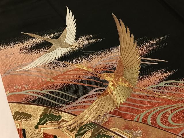 平和屋着物□豪華黒留袖 駒刺繍 片輪車飛鶴吉祥文 金銀彩 正絹 逸品