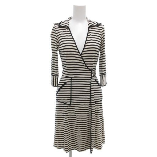 ダイアンフォンファステンバーグ DIANE von FURSTENBERG ワンピース 絹 シルク 0 ひざ丈 白 ホワイト 黒 ブラック カシュクール ボーダー AE GY30