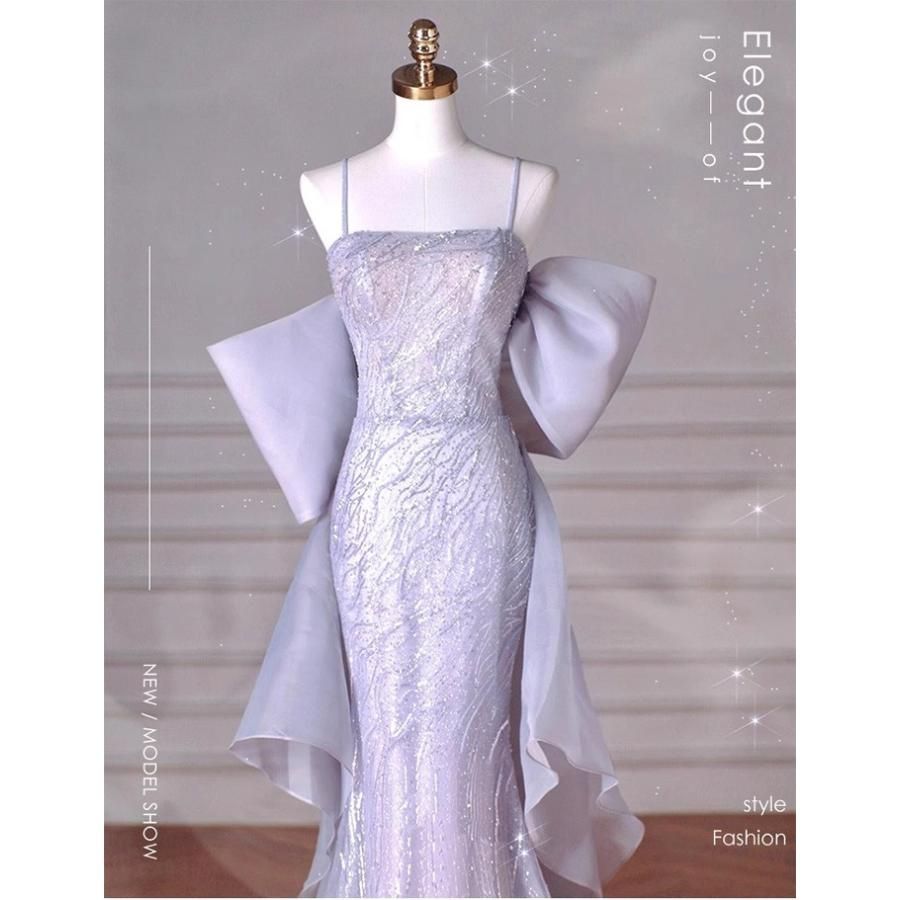 パーティードレス ロングドレス レディース スパンコール パープル キャミソール マーメイドライン リボン付き 演奏会 演奏会用ドレス ピアノ発表会