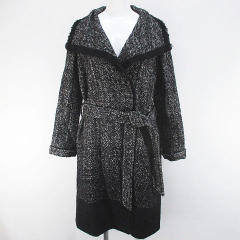 ギャバジンケーティー Gabardine K.T ウール アルパカ コート ミドル丈 9 黒系 ブラック 総柄 切替 フリンジ ラメ スナップボタン 裏地