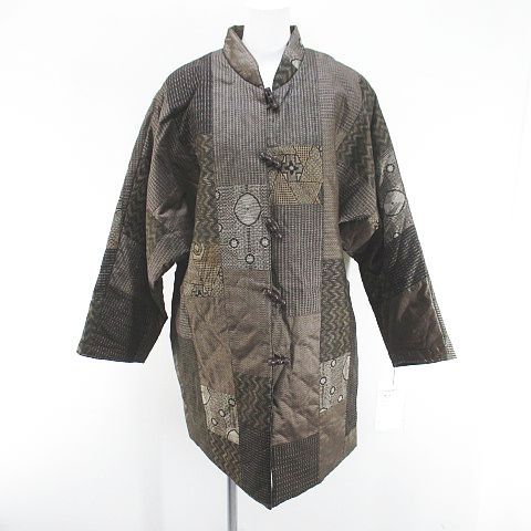 飛天 あいびぶれ ロングコート 絹 シルク 茶系 ブラウン パッチワーク トグルボタン 裏地